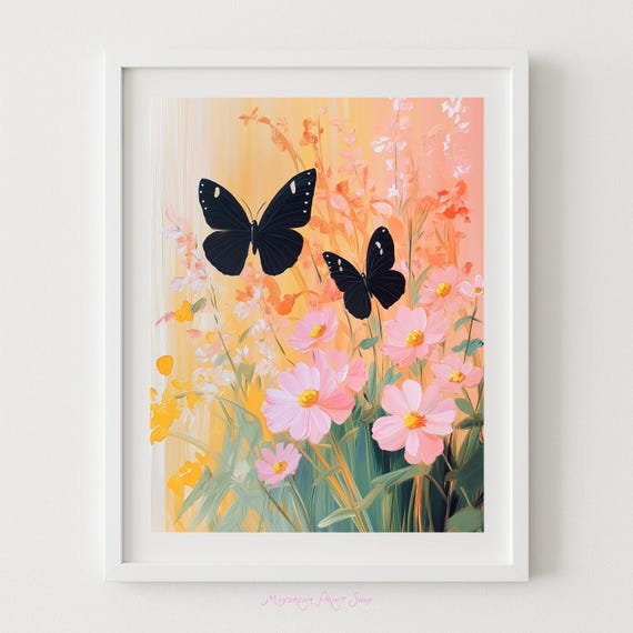 Black Butterflies Halloween Art Fall Decor Autumn Flowers Spooky Feminine Wall Girls Bedroom Print Instant
