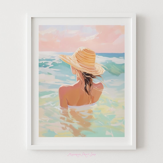 Beach Woman in Straw Hat Wading Into Pastel Seascape Art Print