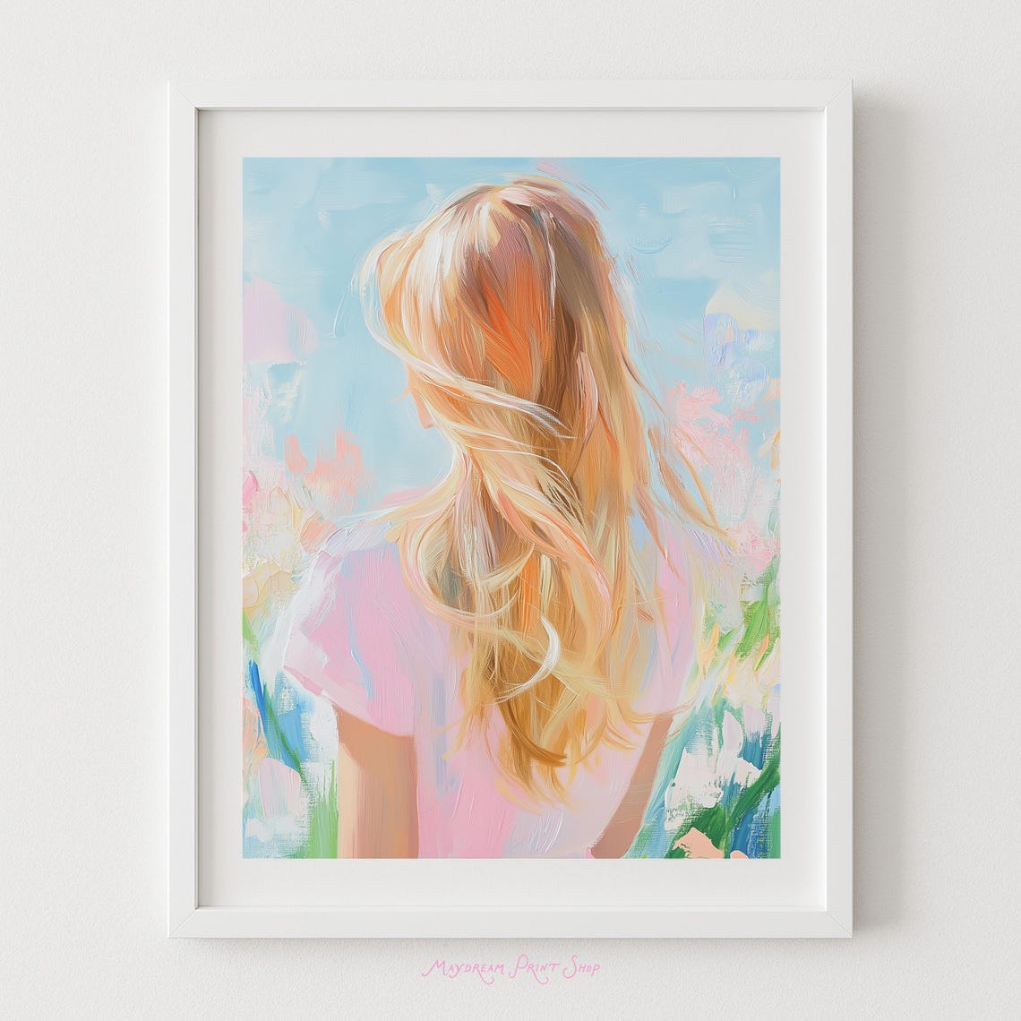 Abstract Portrait Of Woman Art Blonde Girl In Pink Dress Soft Whimsical Hair Floral Portraiture Summer Beach Salon Decor