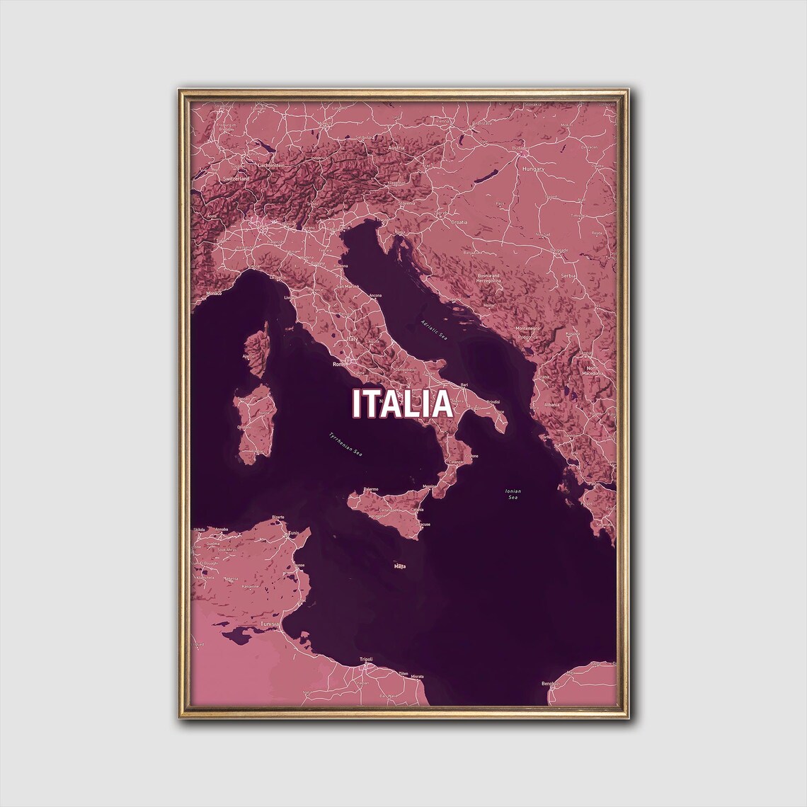 Pink Italy Map Moody Italia Stylized Art Print