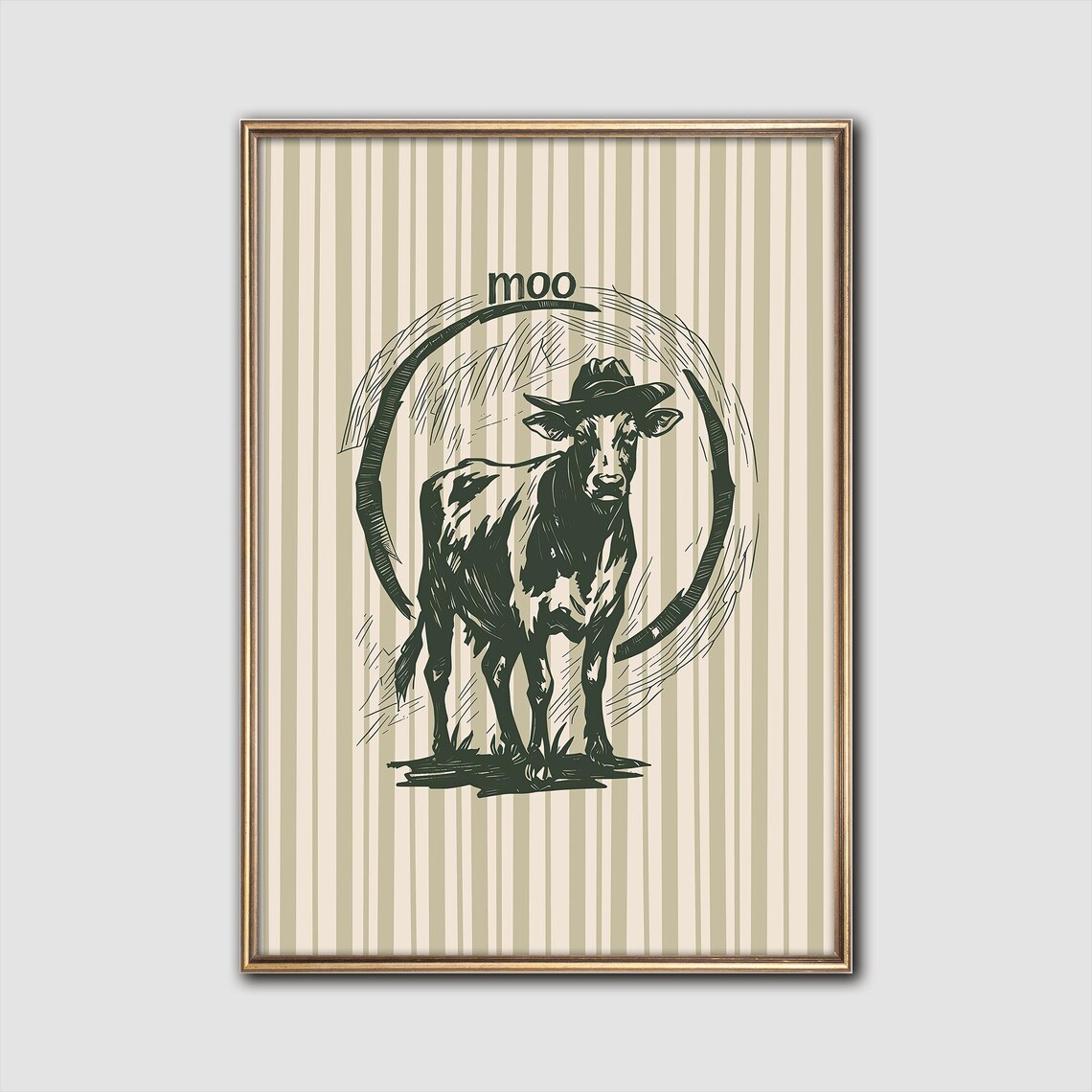 Moo Cowboy Hat Cow Sage Striped Funny Western Farm Sketch Poster