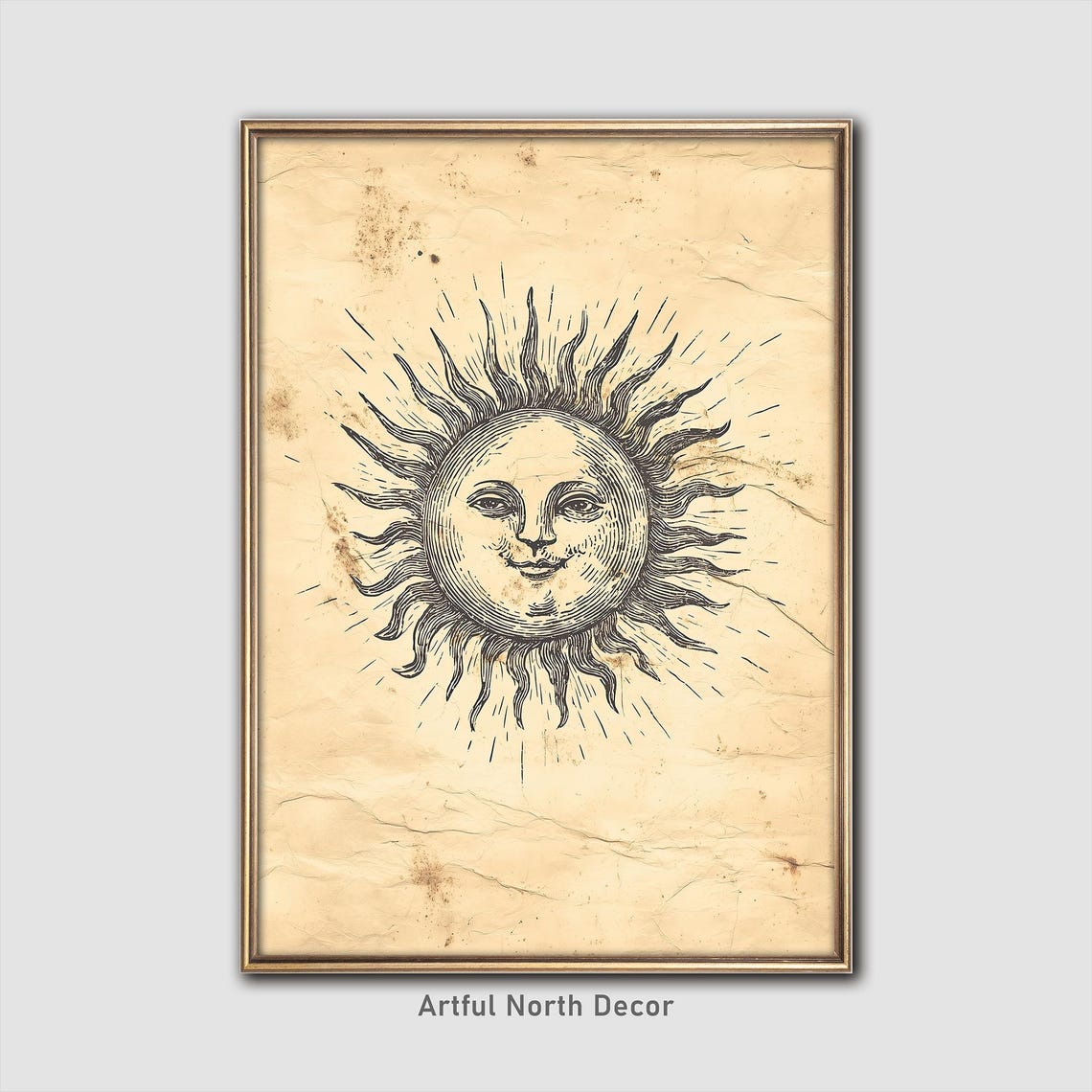 Vintage Smiling Sun Face Engraving Antique Celestial Art Poster
