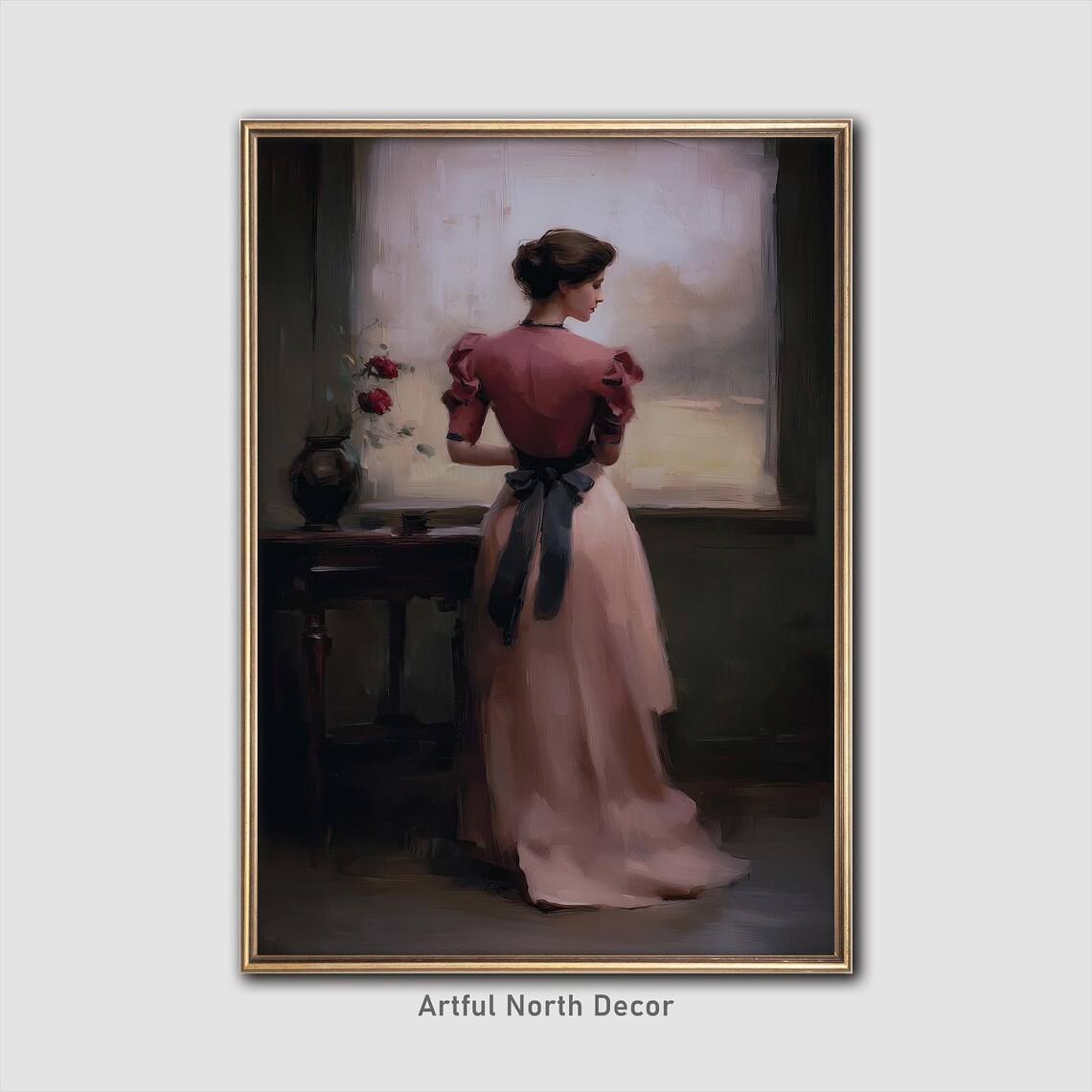 Vintage Victorian Lady Pink Gown Window Oil Painting Romantic Poster