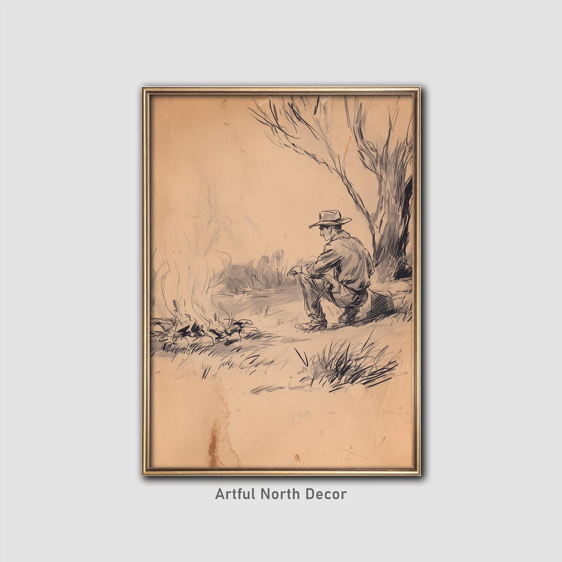 Cowboy Campfire Night Under Stars Vintage Sketch Western Poster