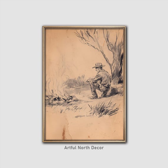 Cowboy Campfire Sketch Print Rustic Western Art