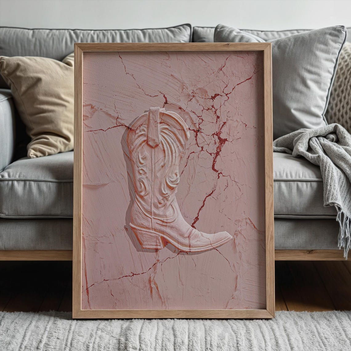 Pink Cowboy Boot Sculptural Embossed Western Decor Art Poster