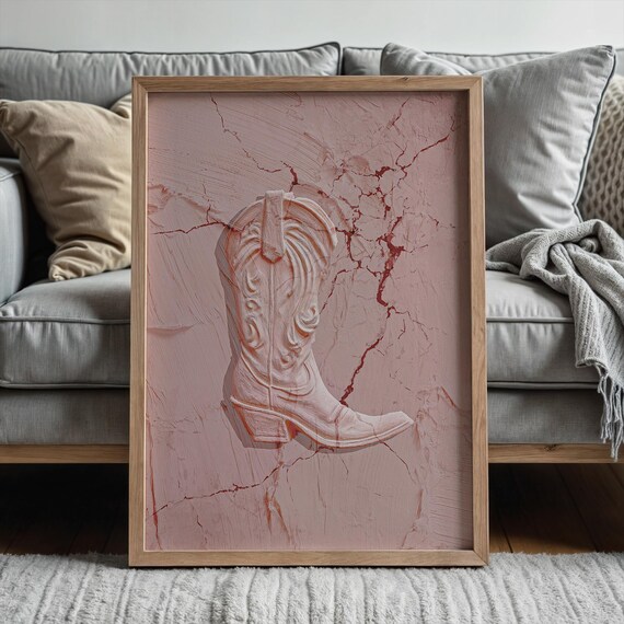 Pink Cowboy Boot Sculptural Embossed Western Decor Art Poster