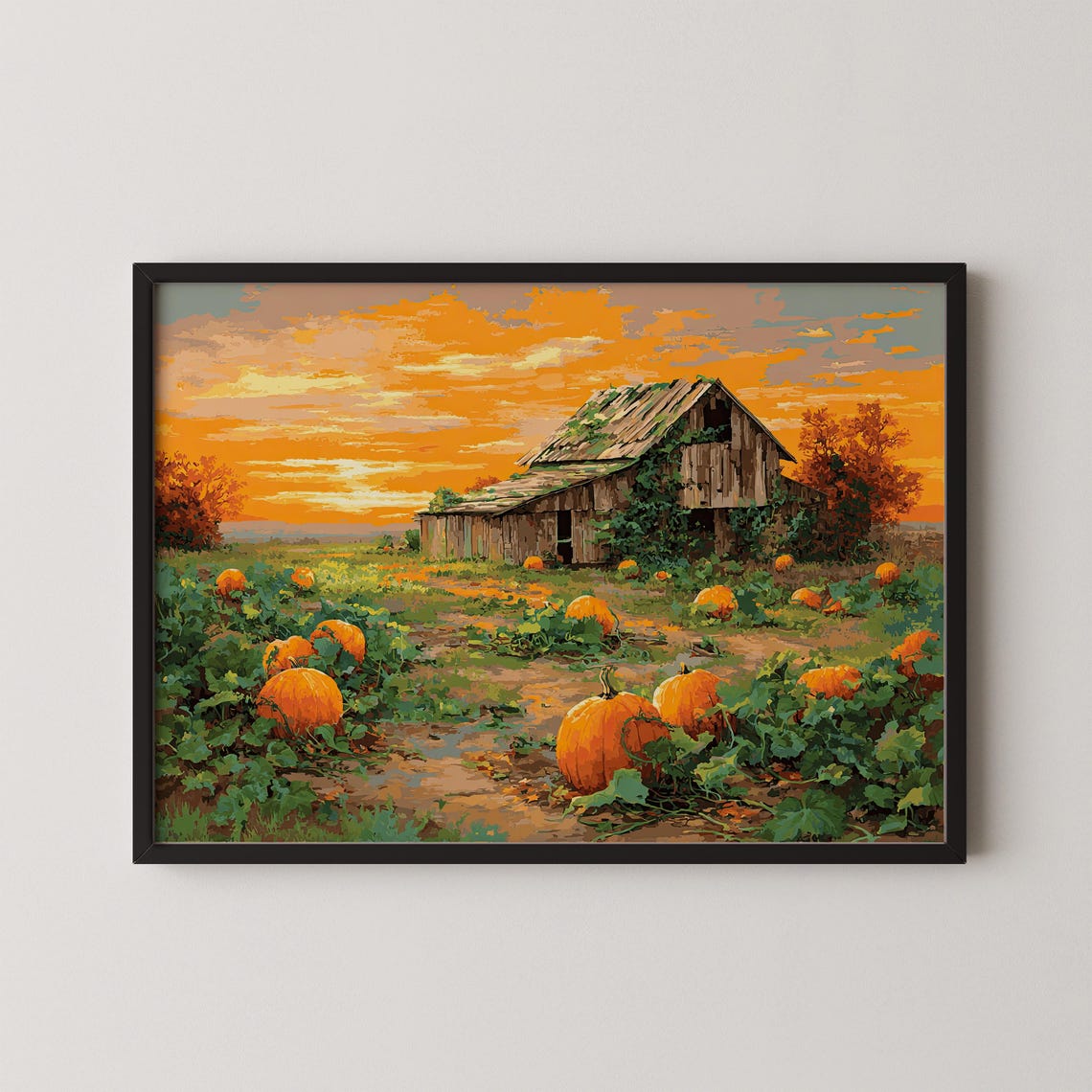 Pumpkin Patch Sunset Art Print Rustic Barn Fall Harvest