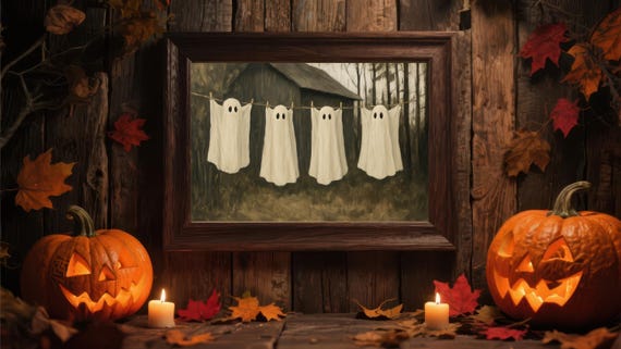 Spooky Ghosts On A Clothesline Art Print Rustic Halloween Decor