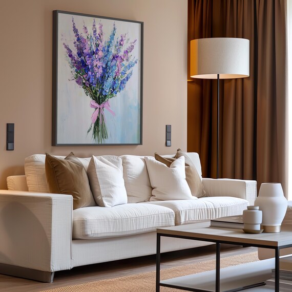 Purple Larkspur Bouquet Oil Painting Tied With Pink Bow Poster