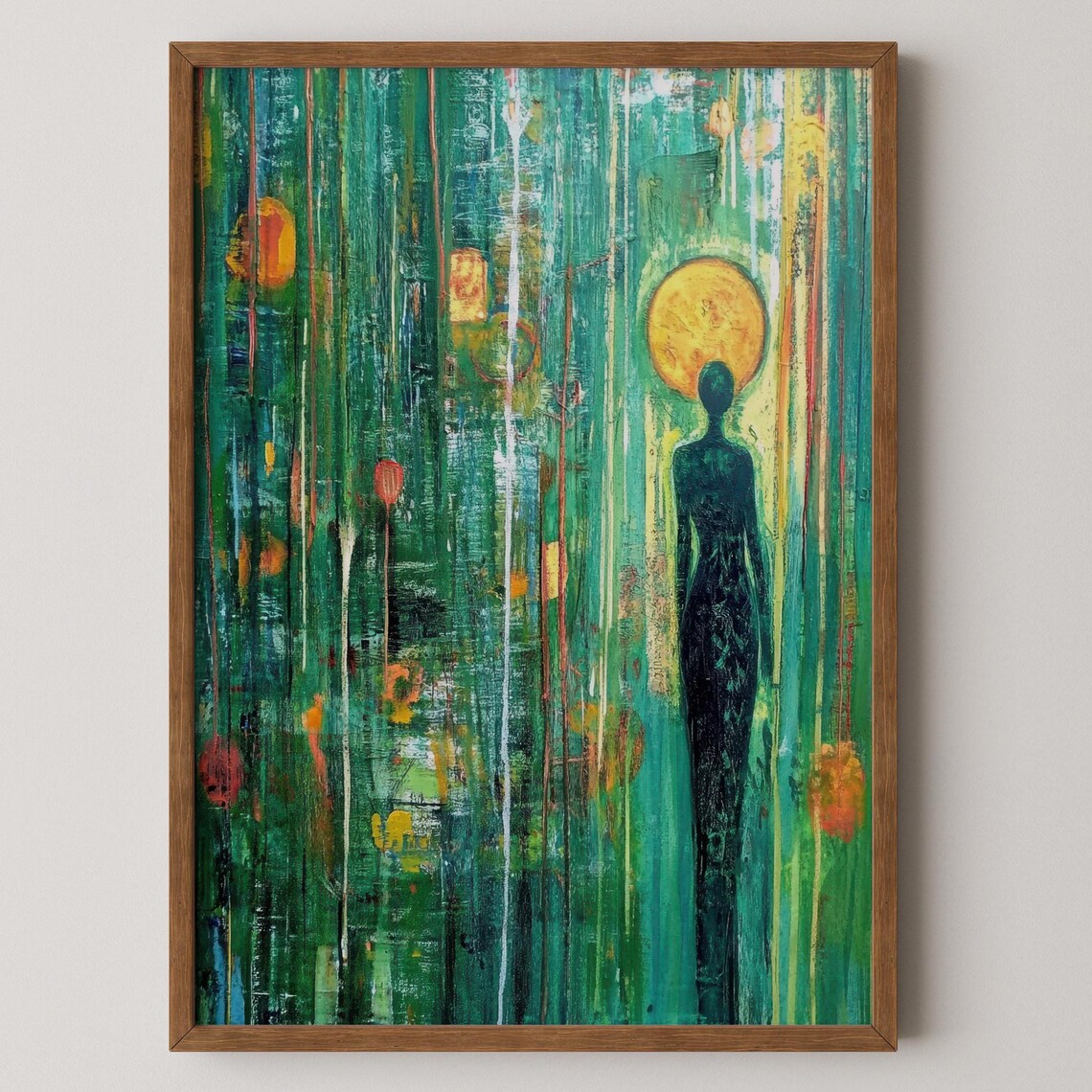 Abstract Woman Silhouette with Golden Sun Spiritual Art Poster