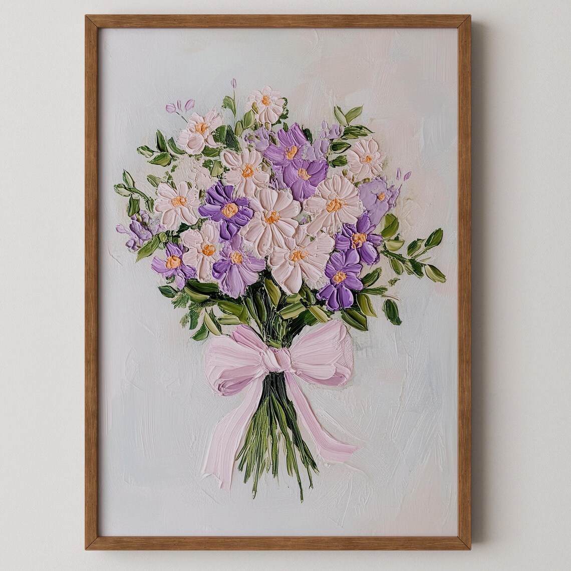Purple Aster Bouquet Oil Painting with a Pretty Pink Bow Poster