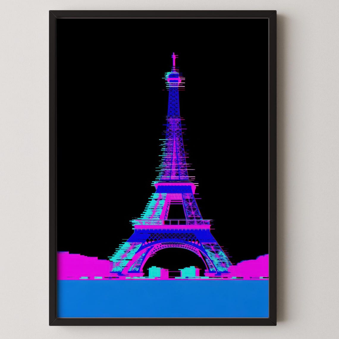 Glitch Eiffel Tower Neon Pink Blue Paris Modern Digital Art Poster