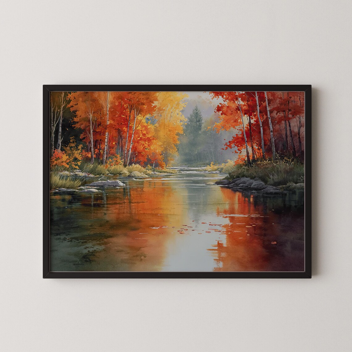 Autumn River Reflection Watercolor Art Print