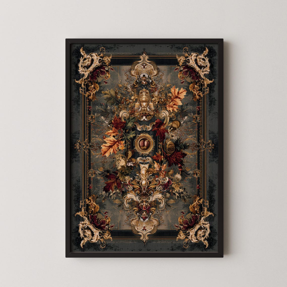 Baroque Autumn Botanical Owl Golden Leaves Ornate Dark Wall Art