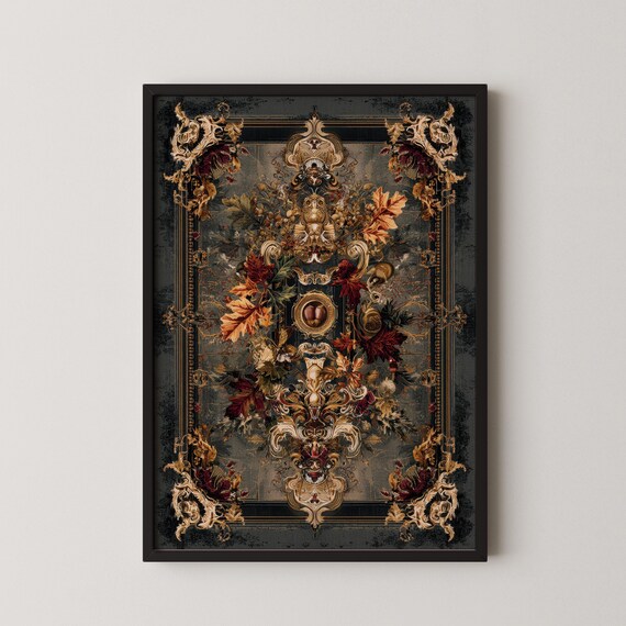 Baroque Autumn Botanical Owl Golden Leaves Ornate Dark Wall Art