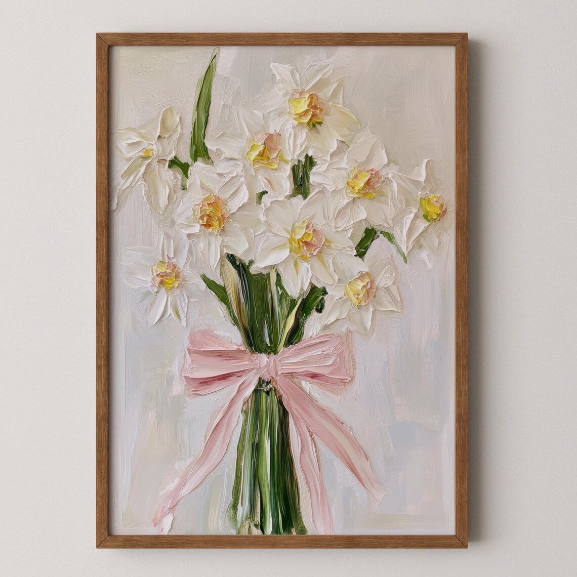 White Daffodil Bouquet Oil Painting with a Pink Ribbon Bow Poster