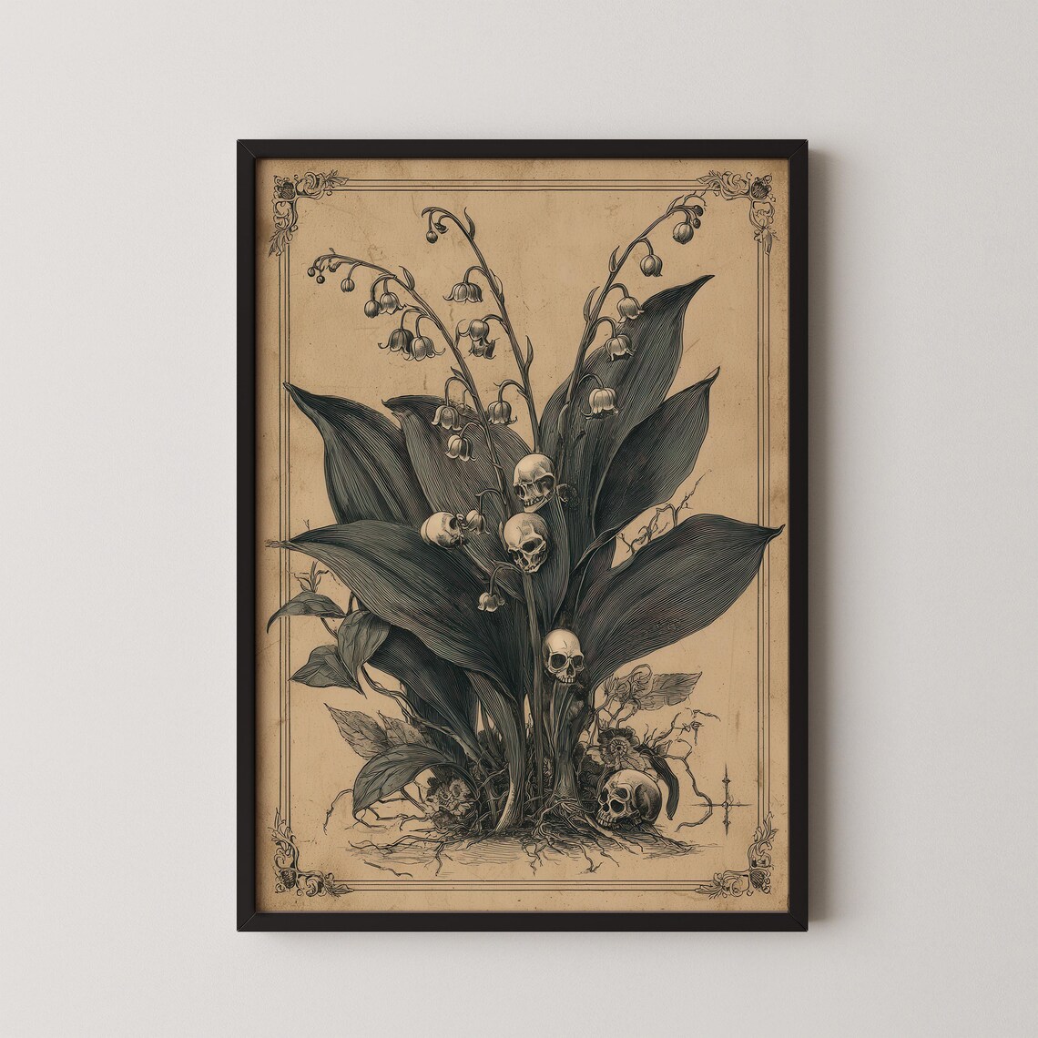 Macabre Skull Flowers Gothic Dark Academia Art Print