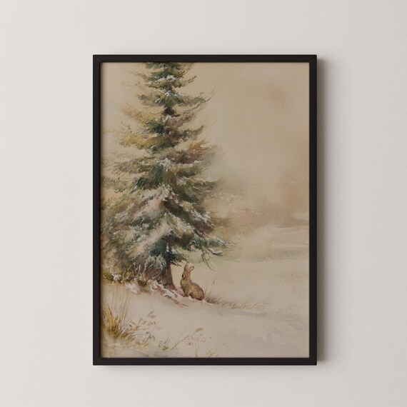 Vintage Winter Rabbit Print Snowy Forest Watercolor Art