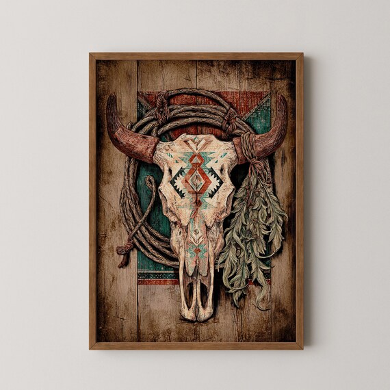 Painted Longhorn Skull Southwestern Tribal Pattern Art Poster