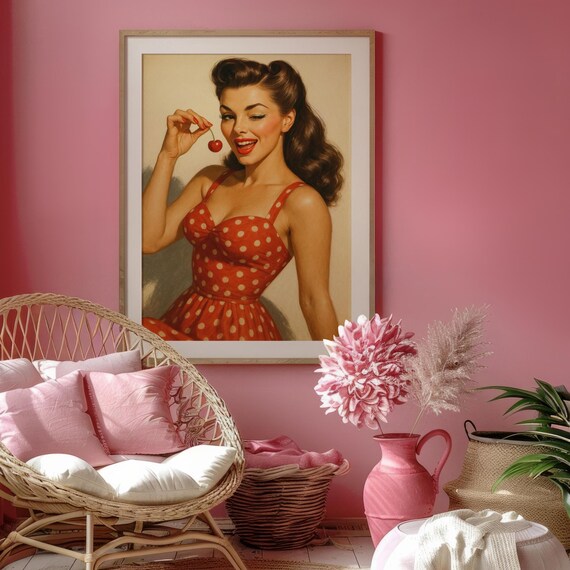 Retro 1950s Pinup Girl Cherry Poster Vintage Glamour Polka Dot Dress Art
