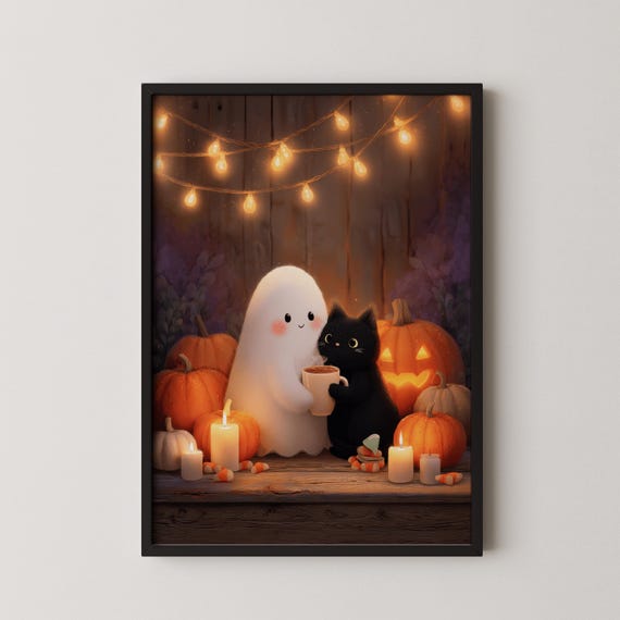 Cozy Halloween And Cat Print Whimsical Fall Decor