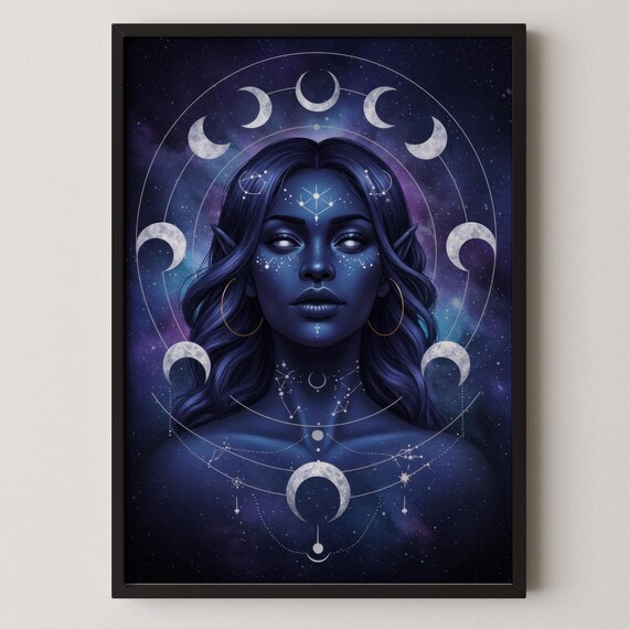 Celestial Moon Goddess Portrait Cosmic Fantasy Moon Phases Art Poster