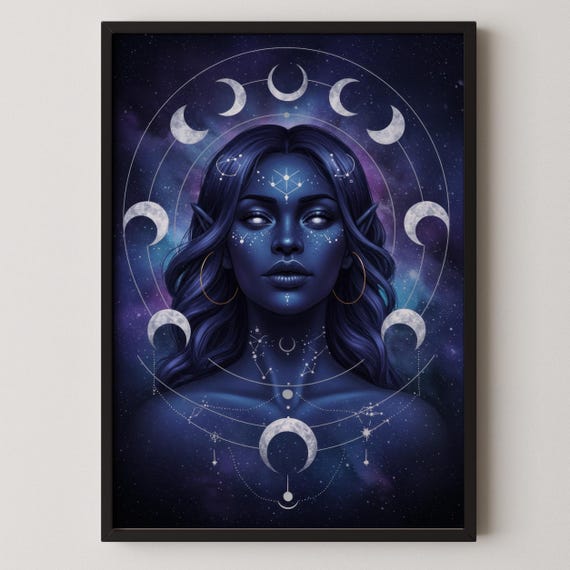 Celestial Moon Witch Art Print Cosmic Fantasy Decor