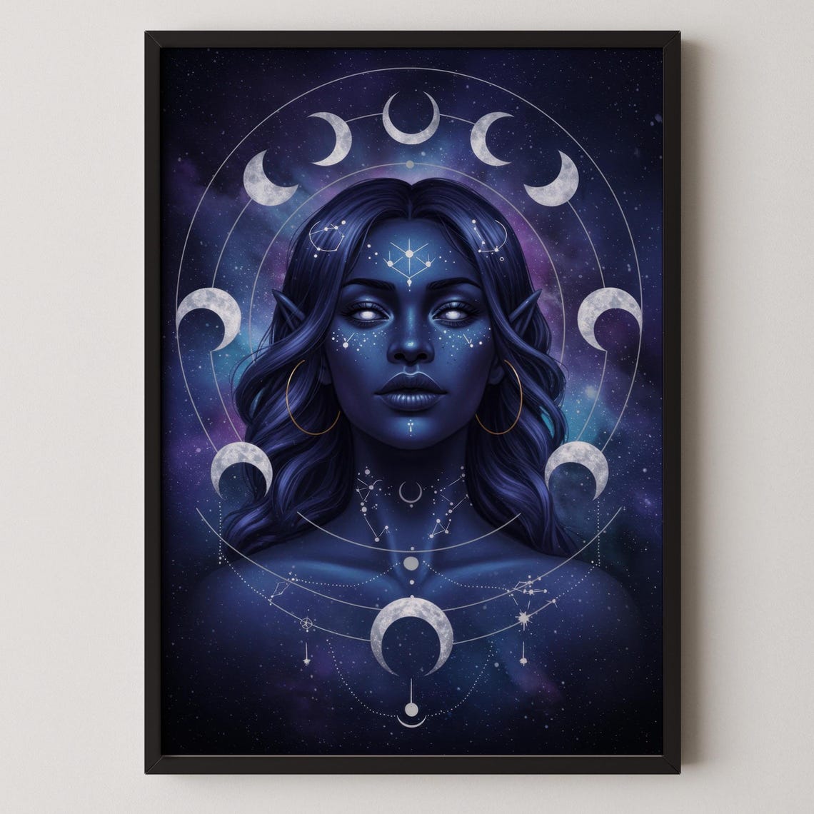 Celestial Moon Goddess Portrait Cosmic Fantasy Moon Phases Art Poster