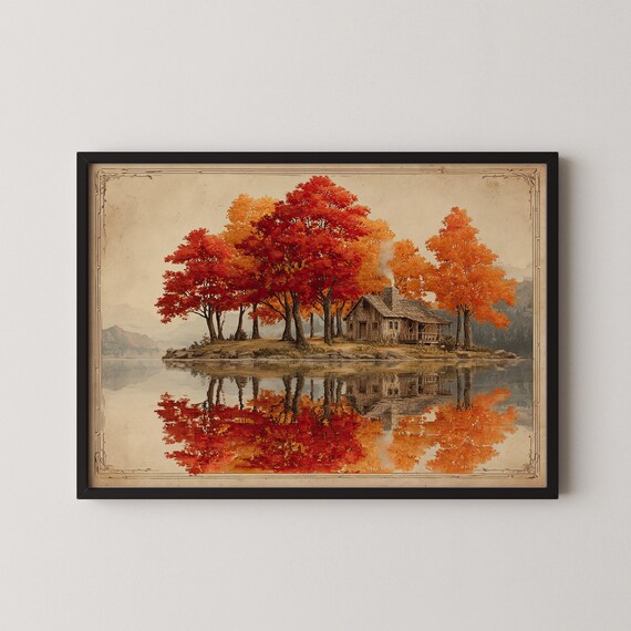 Autumn Cabin Lake Red Maple Trees Mirror Reflection Rustic Art Poster
