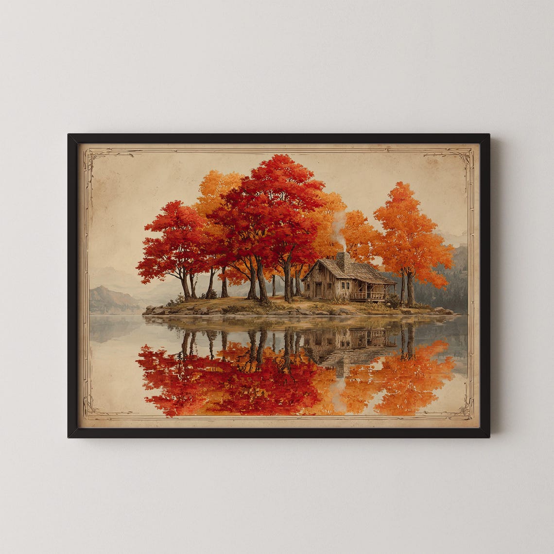 Autumn Cabin Lake Red Maple Trees Mirror Reflection Rustic Art Poster