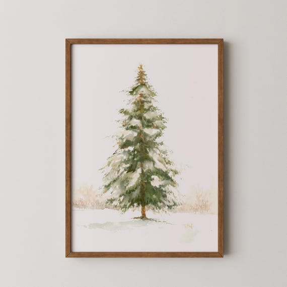 Vintage Winter Pine Tree Wall Art Watercolor Solitary Snowdusted Evergreen Print Rustic Cabin Decor