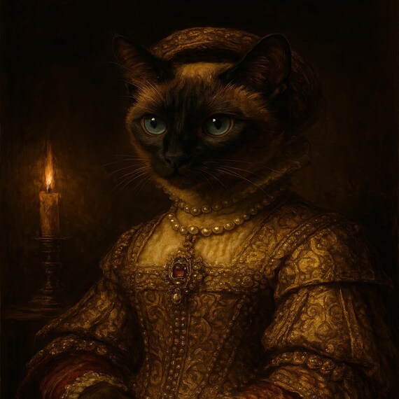 Siamese Cat Renaissance Portrait Moody Candlelight Pet Poster