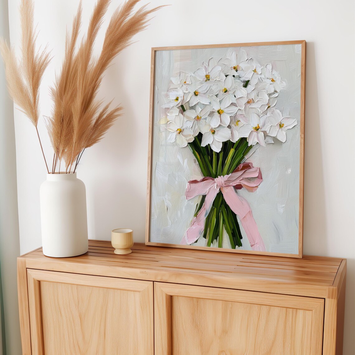 White Narcissus Flowers with Pink Bow Coquette Floral Poster