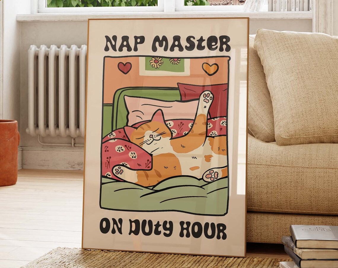 Sleeping Orange Cat Nap Master On Duty Hour Retro Cartoon Poster