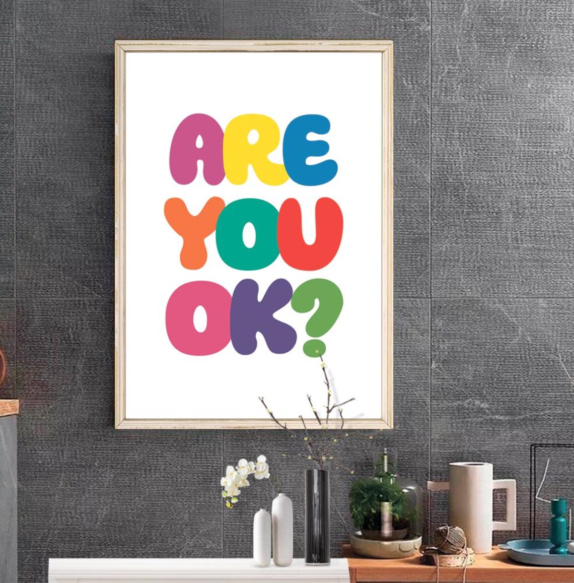 Are You OK Rainbow Bubble Letters Poster Mental Health Uplifting Kindness Art - Image 2