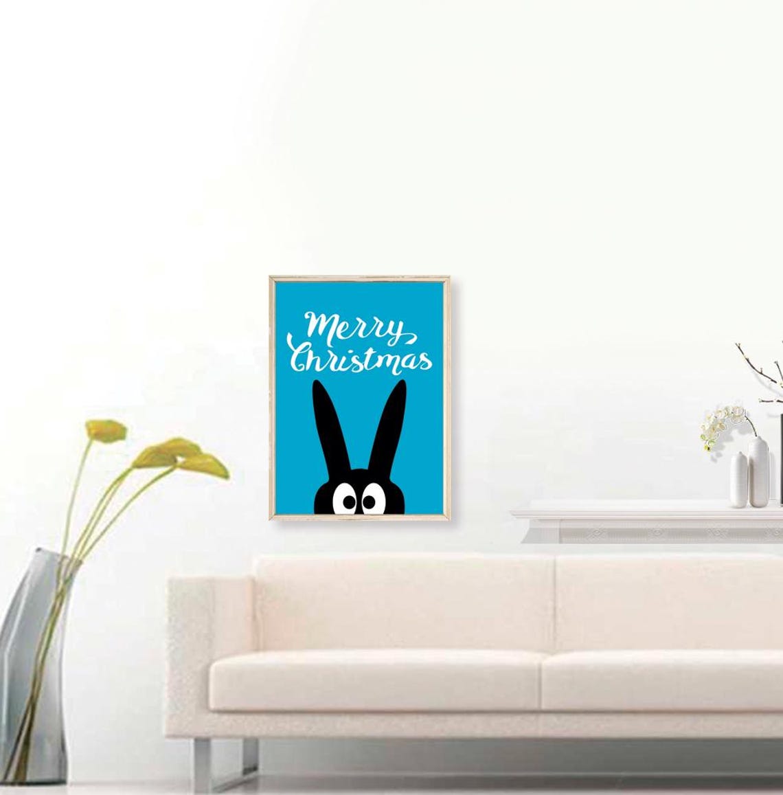 Merry Christmas White Script Blue Background Cute Bunny Decor Poster - Image 3