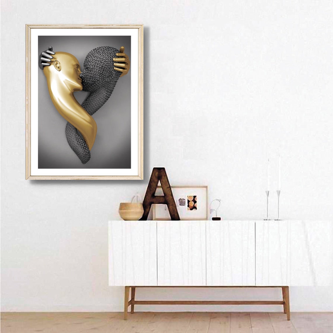 Gold Silver Embracing Couple Sculpture Romantic Modern Art Poster - Image 2