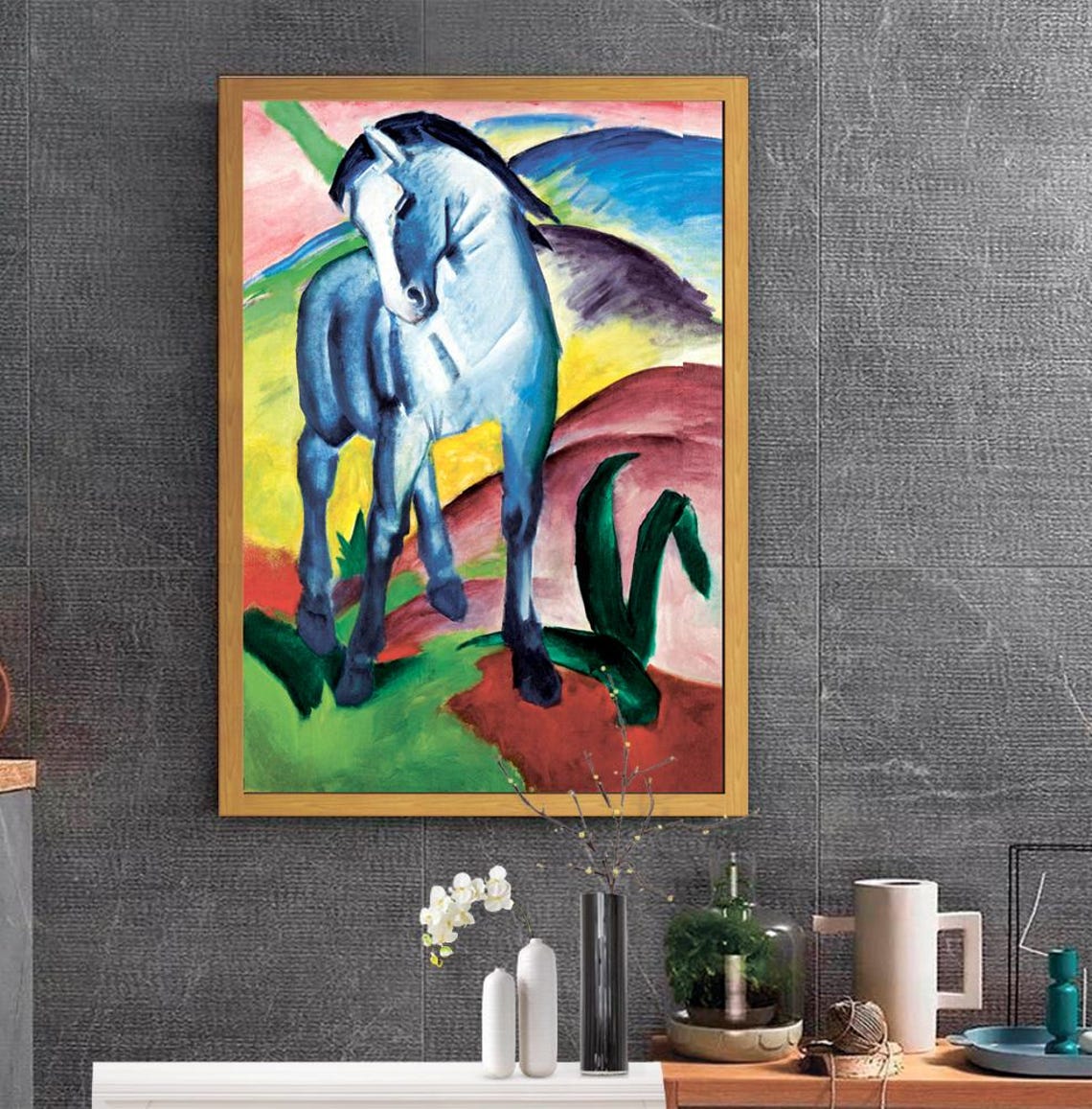 Blue Horse Expressionist Painting Colorful Landscape Art Poster