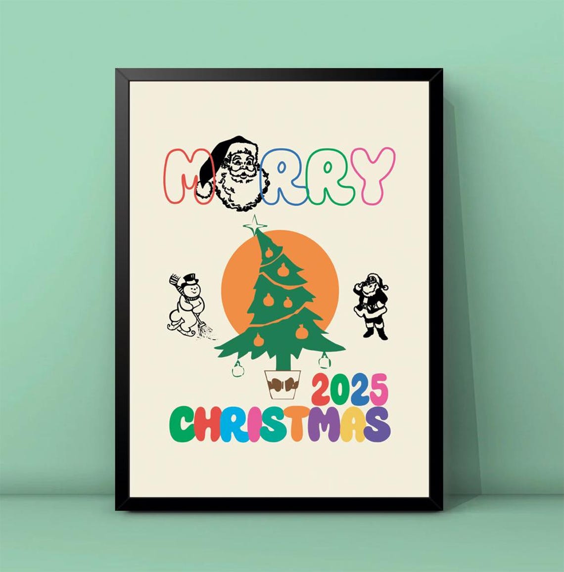 Merry Christmas 2025 Retro Santa Tree Snowman Vintage Holiday Print