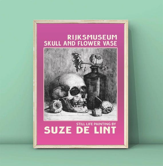 Still Life With Skull And Flower Vase Print Skull Painting Skull With Flower Poster Skull Poster Black And White Print Art