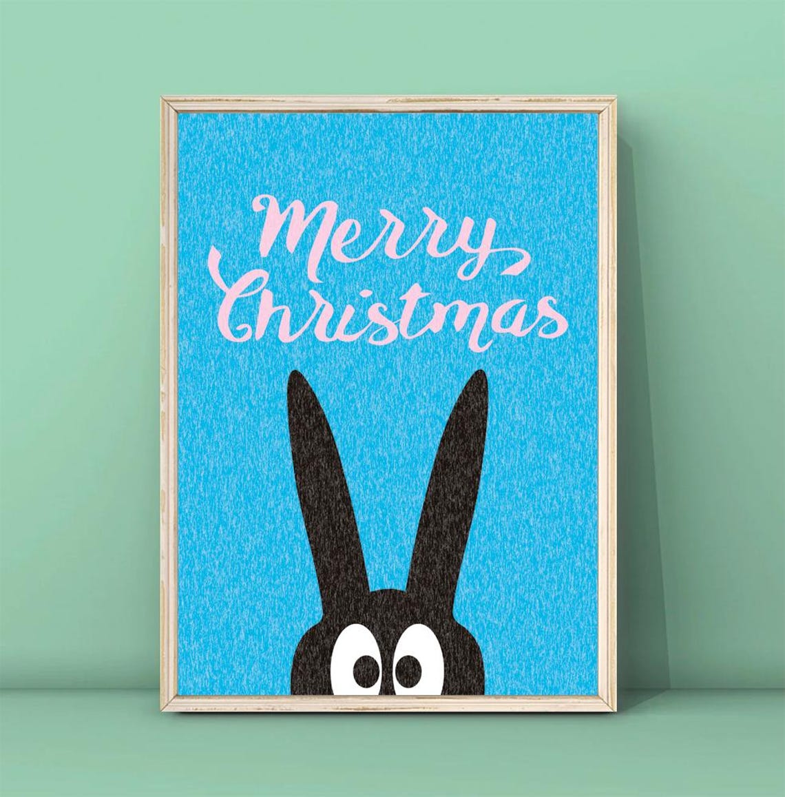 Merry Christmas Pink Script Blue Background Funny Bunny Holiday Poster