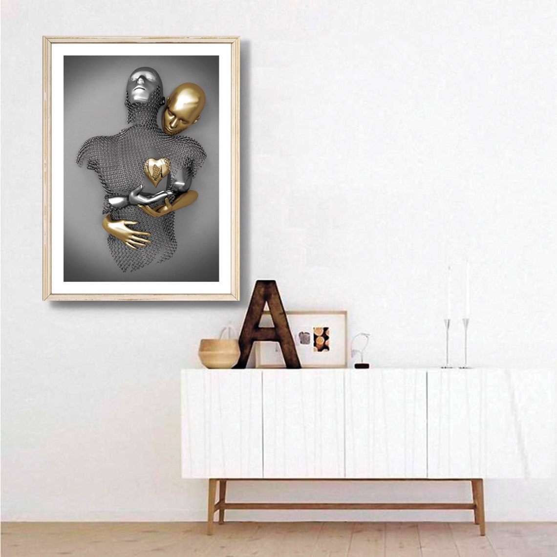 Silver And Gold Lovers Embrace With Heart Metallic 3D Love Poster - Image 3