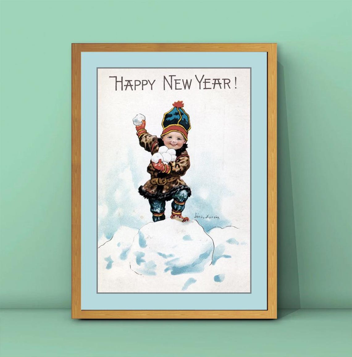 Vintage Happy New Year Print New Year Cards 1910 Snowballs In Art Children In Art Christmas Wall Art Christmas Gift For Kid - Image 3