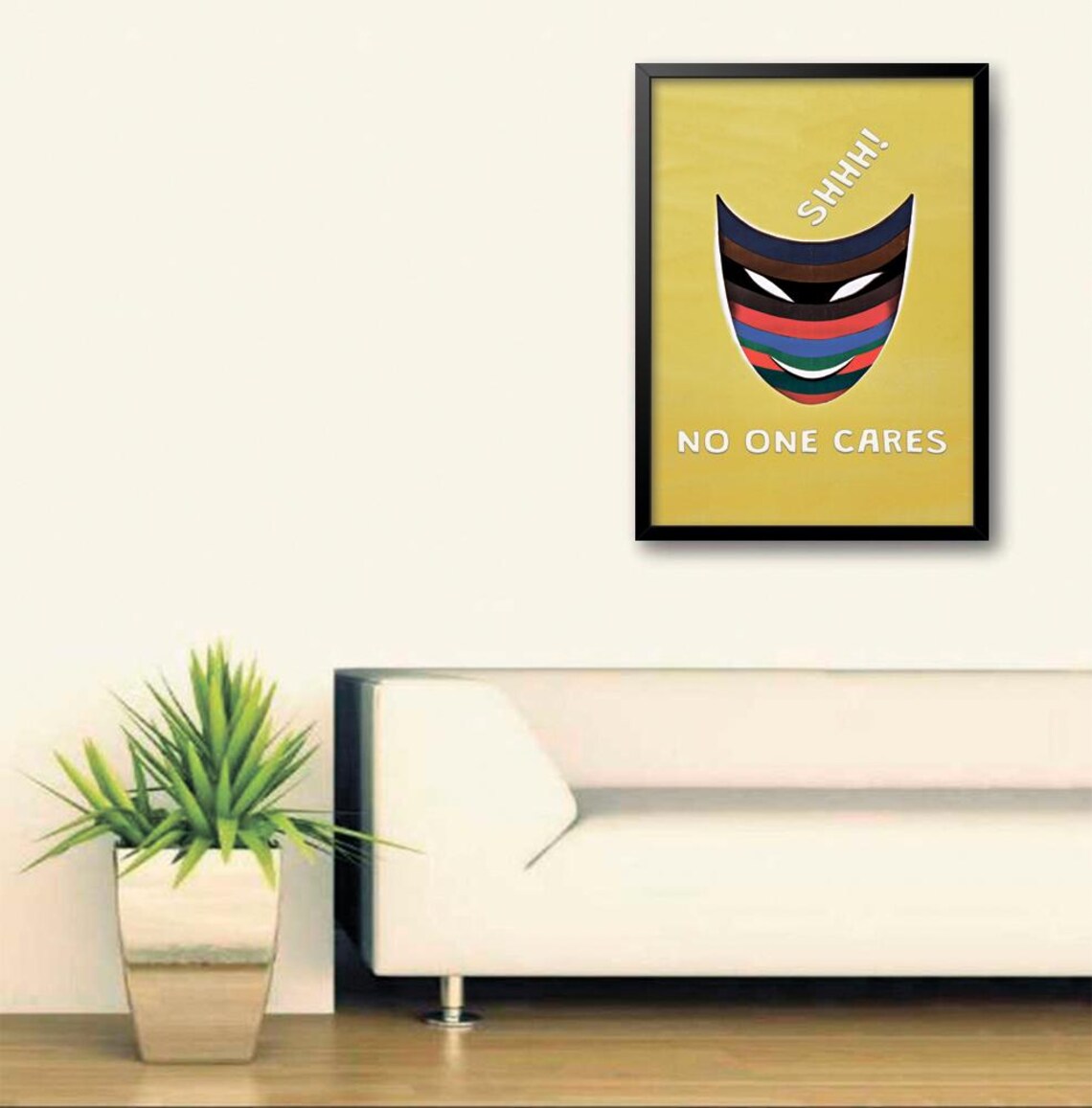 Shhh No One Cares Colorful Mask Retro Yellow Humor Quote Poster - Image 3