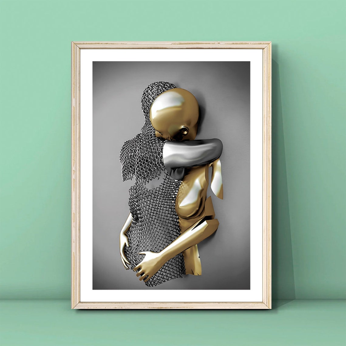 Silver and Gold Embracing Couple 3D Metallic Abstract Love Poster