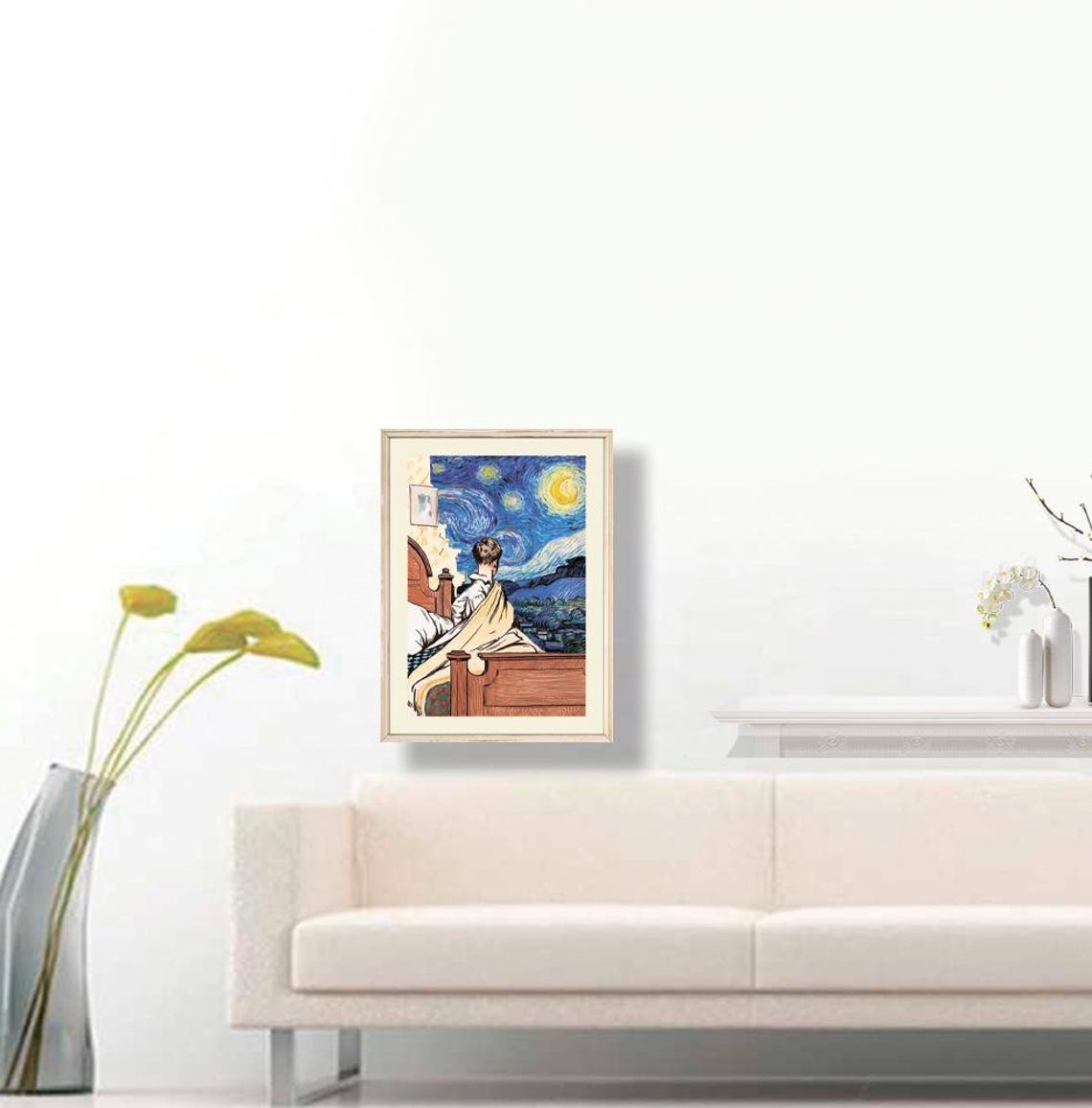 Boy on Bed Watching Starry Night Sky Dreamy Altered Art Poster - Image 3