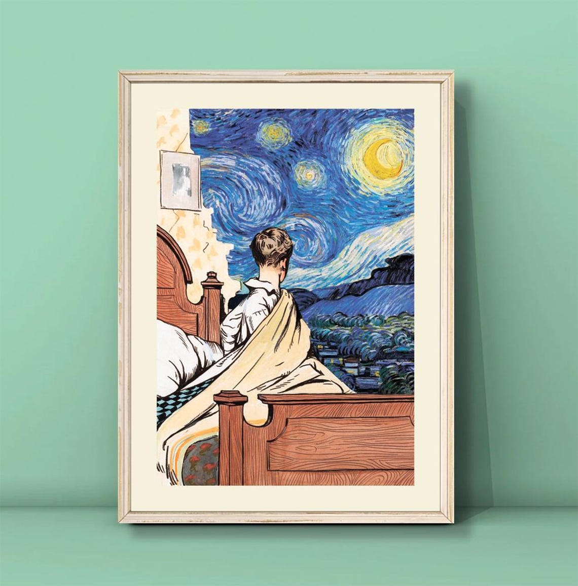 Boy on Bed Watching Starry Night Sky Dreamy Altered Art Poster