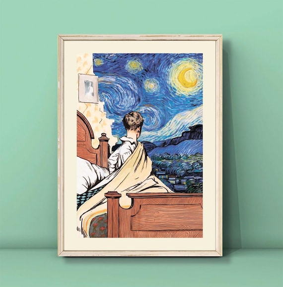 Boy on Bed Watching Starry Night Sky Dreamy Altered Art Poster