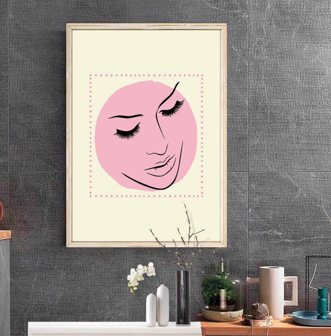 Woman Line Art Face Closed Eyes Pink Minimalist Boho Art Poster - Image 2